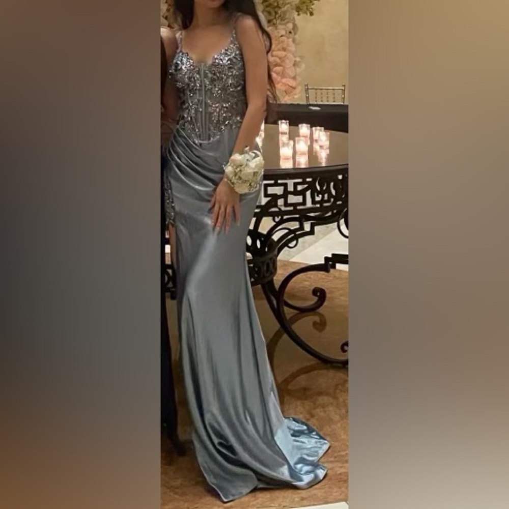 Blue satin prom dress